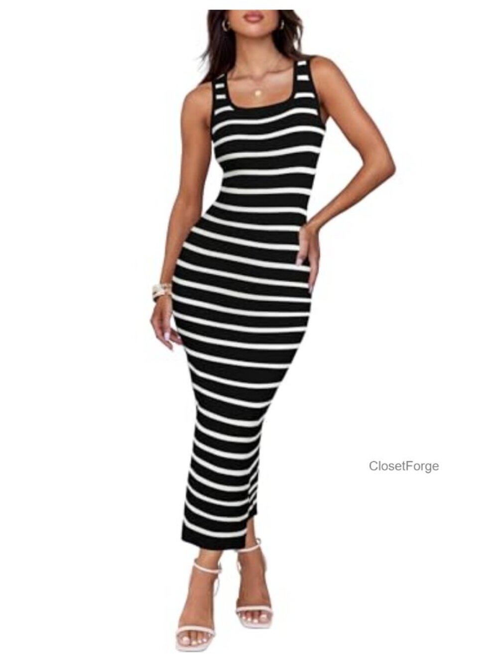 Sleeveless Ribbed Knit Bodycon Midi Dress, Square Neckline, Summer Casual